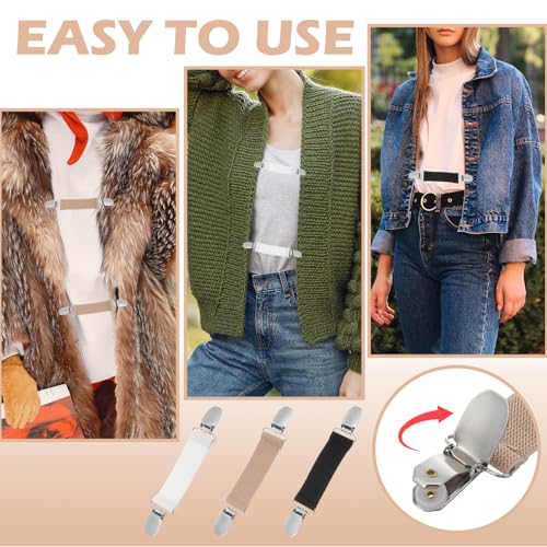 Image of 6 Pcs Adjustable Cinch Clips for Dresses,3 Color Cinch Clips for Women Clothing,Dress Clip Back Cinchs High Elastic Retro Cardigan Clip Shawl,Cardigan Collar,Travel Hat(Black, White,Khaki)