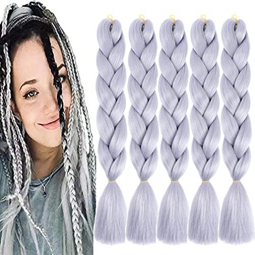 MayShow 5 Pcs/Lot Ombre Jumbo Braiding Hair Extensions 100g/Pcs High Temperature Synthetic Fiber HairPieces for Women 24Inch (Silver gray)