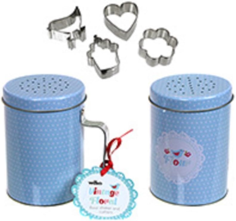 Wilco Vintage Floral Blue Polka Dot Flour Shaker and Cookie Cutters Gift Set