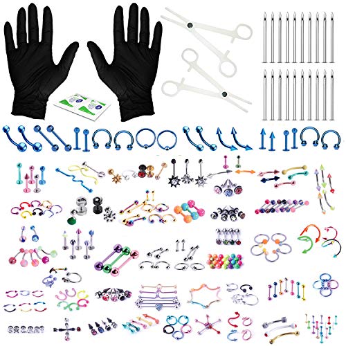 BodyJ4You 156PC Body Piercing Kit 14G 16G Electric Blue Belly Ring Tongue Tragus RANDOM Mix Jewelry