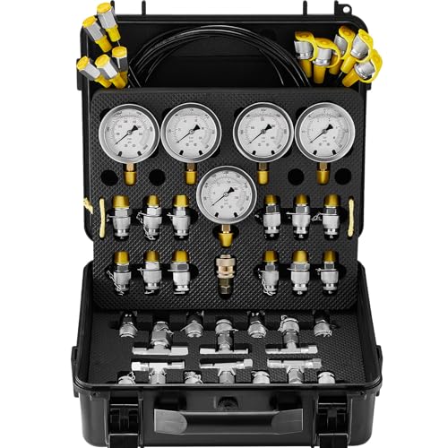 Amacv Hydraulic Pressure Test Kit, 10/100/250/400/600bar, 5 Gauges 13 Couplings 14 Tee Connectors 5 Test Hoses, Excavator Hydraulic Test Gauge Set with Carrying Case for Excavator Tractors Machinery