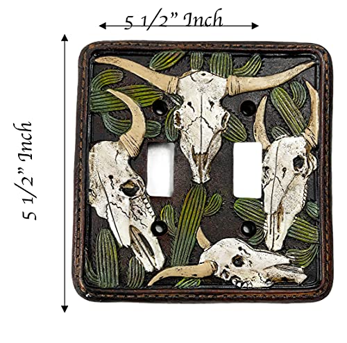 Urbalabs Western Cow Longhorn Skull And Green Desert Cactus Cowboy Decorative Light Switch Outlet Wall Plate Covers Country Home Rustic Light Switch Covers Single Double 2 Gang Switch (Double Switch) #TOP1