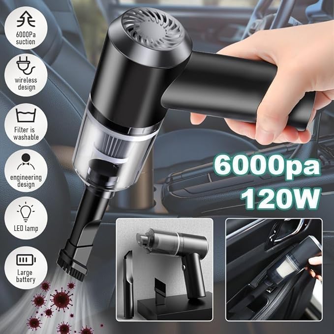 Image of 3-in-1 Portable Car Vacuum Cleaner with Blower, USB Rechargeable, Black, Wireless Handheld Mini Design, Strong Suction, Washable HEPA Filter for Car, Home, Travel