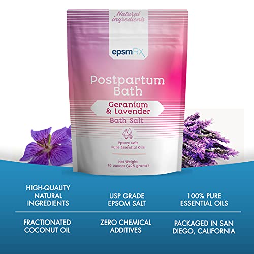Postpartum Sitz Bath Salt Epsom Salt Perineal Care Postpartum Essentials Bath Soak, Pure Essential Oils Geranium, Lavender 15 Ounces Bpa-Free Pouch #TOP1