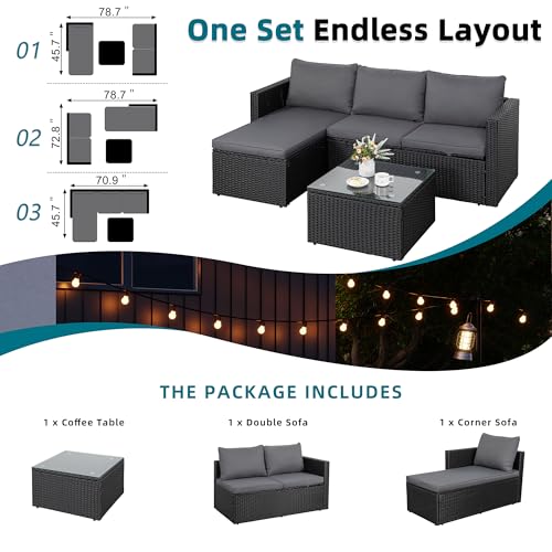 SUNLEI 3-Piece Patio Sectional Sofa, Patio Furniture Set with Detachable Soft Cushions, Outdoor PE Rattan Patio Conversation Sofa Set with Glass Coffee Table & Ottoman, Black Rattan/Grey - Image 5