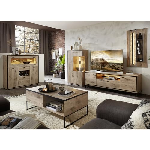 Lomadox Wohnmöbel Set Wohnwand inkl. Beleuchtung braun 5-teilig Modern, 1 Couchtisch, 1 Vitrine, 1 Highboard, 1 Lowboard, 1 Wandboard