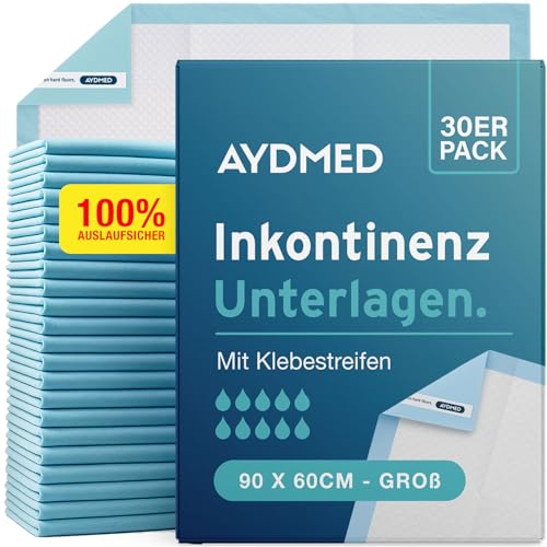 30 x AYDMED Inkontinenz-Unterlagen 90 x 60cm | Mit Klebestreifen | Extra große, Einweg-Unterlagen bei Inkontinenz | Maximale Saugfähigkeit | Für...
