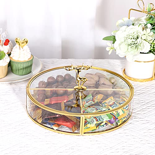 Hipiwe 9.8" Large Gold Glass Box Wit Lid, 4 Compartments Jewelry Trinket Organizer Decorative Box For Dipslay Rocks Small Collectibles, Round Snacks Candy Serving Box For Wedding Party #TOP4