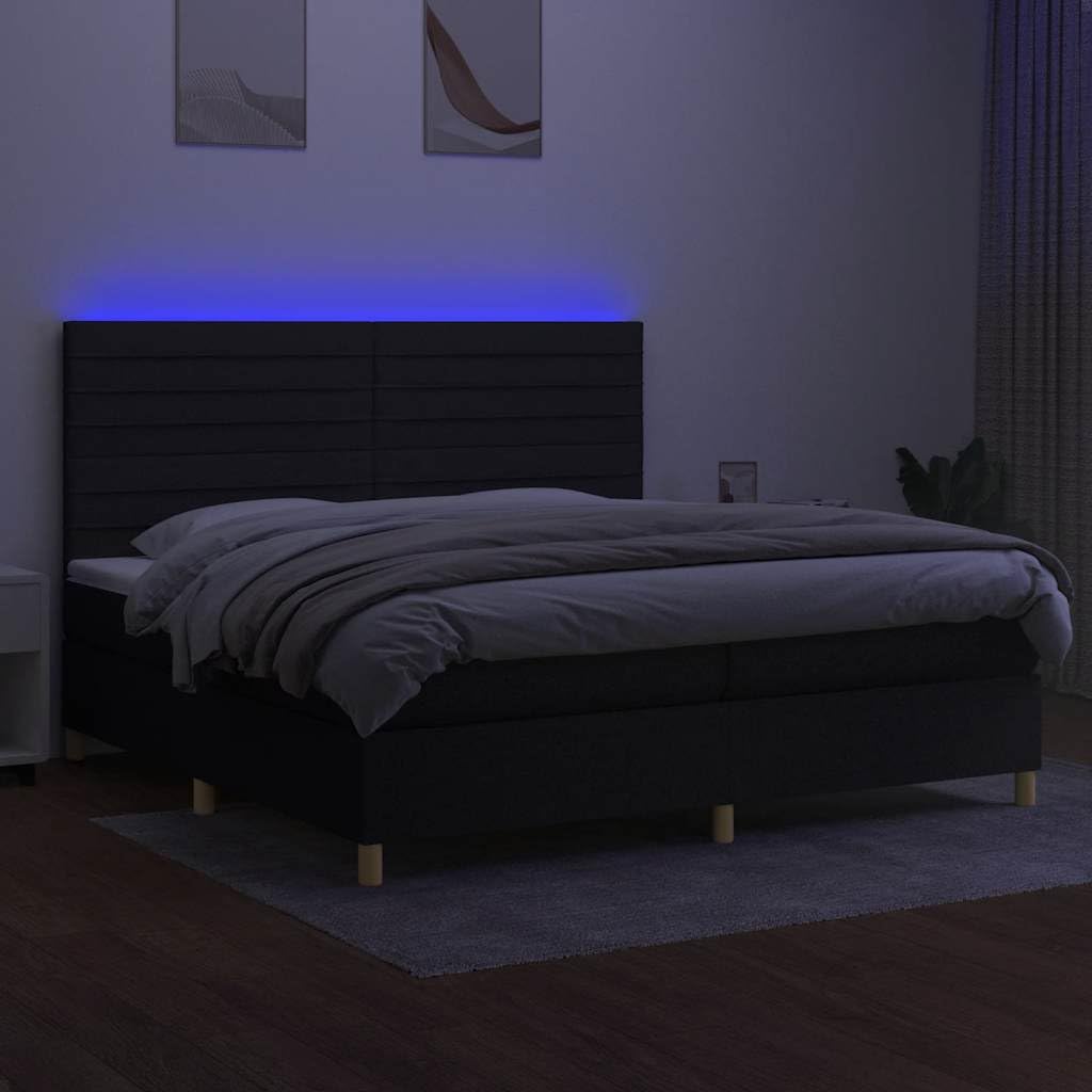 tkanina diodami LED regulowanym zagłówkiem czarny 200x200cm | Łóżko kontynentalne z materacem czarne 200x200 cm tkanina z LED i regulowanym zagłówkiem do sypialni