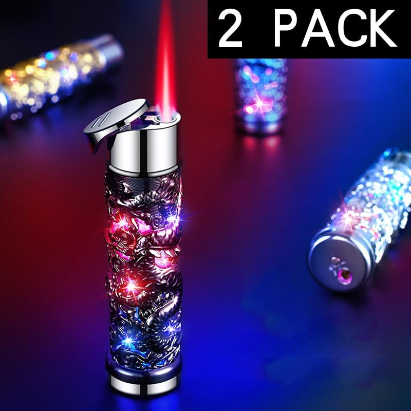 2 Pack Colorful Black and Silver Lighter Torch Cool,Refillable Windproof Jet Torch Flame Adjustable Lighters,BBQ Candles Camping (Butane Not Included)