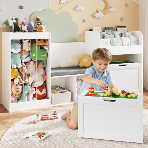 VortinT 68.9 W Kids Reading Nook Toy Storage Box with Removable Building Baseplate Play Lid for Lego Wooden Bookshelf with Stuffed Animal Storage Bench and Removable Cushions for Playroom(White)