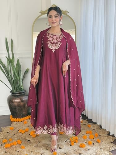 Image of Naixa Women's Vichitra Silk Embroidered A-Line Kurta with Pant and Dupatta Sets (Available in Plus Size) (NX-656)