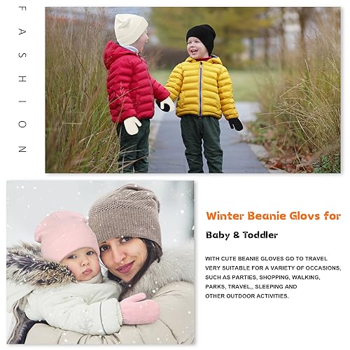 Image of Baby Beanie Hat Gloves Set, Kids Winter Warm Knit Hat with glvoes,Toddler Soft Beanie for Little Boys Little Girls Children