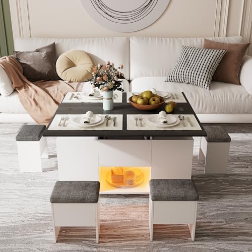 Table Basse Relevable Table Basse Extensible en Table à Manger de Salon Table de Salon Fonctionelle avec Plateau Relevable e LED Table Centrale...