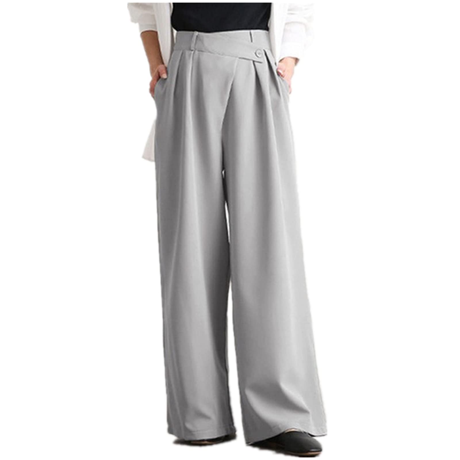 Solid Color Straight Wide Leg Pants Womens high Waist Loose and Thin Casual Fashion Trousers Gray S