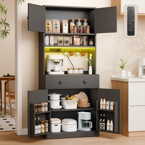 Korfile 71' Tall Kitchen Pantry Storage Cabinet with Power Outlet & LED Light, Freestanding Food Pantry Cabinet with 4 Doors and Shelves, Cupboard with Drawer, Hutch with Microwave Stand (Black)