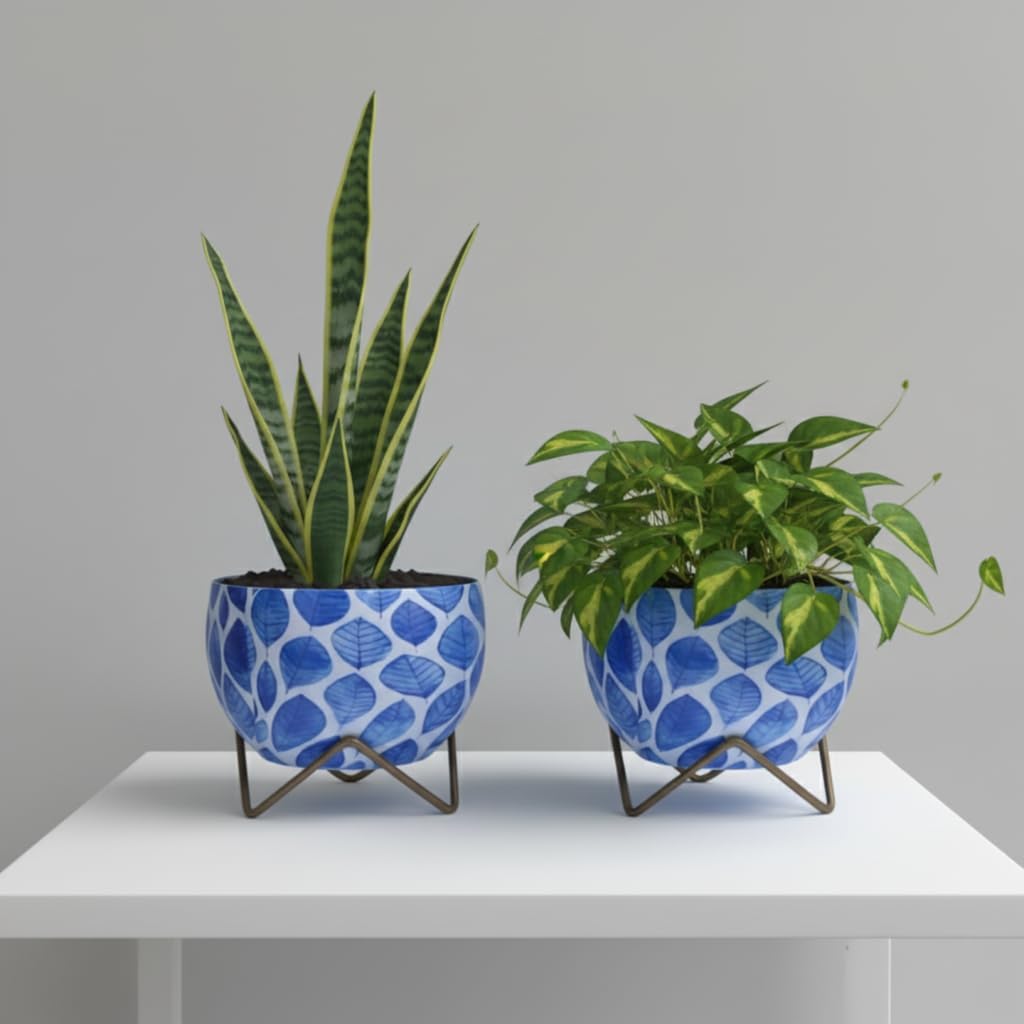 Planters Set with Stands | Leaf Pattern Indoor Flower Pots | Decorative Pots for Home & Office | Perfect for Indoor Plants & Table Décor | Modern Home Decoration (Set of 2) (Sapphire Leaves)