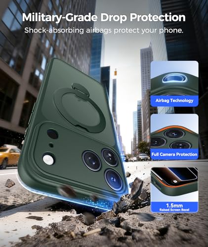 Image of FNTCASE for iPhone 17 Pro-Max Case: [360 Spin Magnetic Stand] [Compatible with Magsafe] [Screen Protector] Translucent Matte Military Grade Shockproof Full Camera Protective Phone Cover - Green
