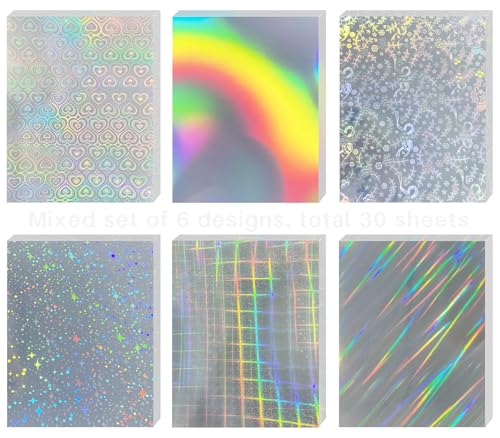 Starziwen 30 Sheets Holographic Sticker Paper for Inkjet&Laser Printer Printable Vinyl Sticker Paper Waterproof Self-Adhesive A4 Size (Mixed 6 Patterns)
