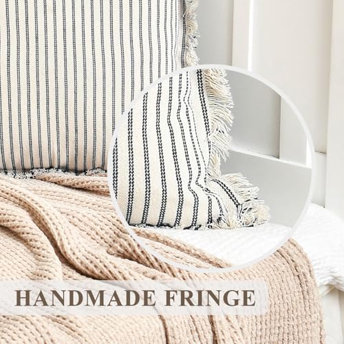 Image of ZWJD Fall Pillow Covers 18x18 Set of 2 Striped Pillow Covers with Fringe Chic Cotton Decorative Pillows Square Cushion Covers for Sofa Couch Bed Living Room Farmhouse Fall Decor, (Burnt Orange)