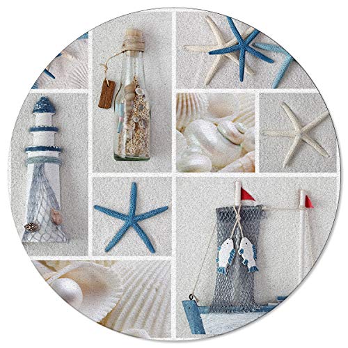 OneHoney Round Area Rugs 6 ft Tropical Coastal Beach Theme Indoor Throw Runner Circle Rug Entryway Doormat Floor Carpet Pad Yoga Mat for Bedroom Living Room Seashell Starfish
