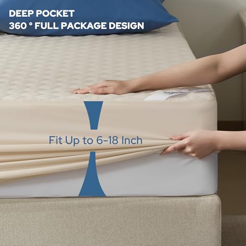 Image of BEDLORE 2 Pack Waterproof Mattress Protector,Queen Size Mattress Pad Noiseless with Deep Pocket Fitted for 6 inch-18 inch,Breathable Dirt Proof Bed Mattress Cover Washable for Home,Bedroom,Hotel(Beige)