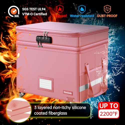 DocSafe File Box with Lock,2-Layer Fireproof Document Box with Wheels,Collapsible Rolling File Storage Organizer with Pockets,Large Portable Home Office Filing Cabinet Safe for Hanging Folders,Pink