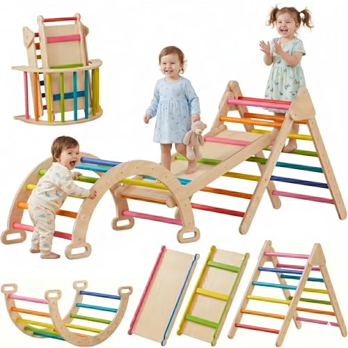 LINKHOO Pikler Triangle Set of 3 Wooden Montessori Climbing Set for Toddlers Ages 2-6 Indoor Jungle Gyms with Arch Ramp and Ladder Rainbow