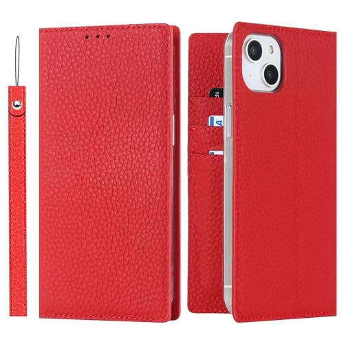 ELTEKER Hülle iPhone 13 Mini Handyhülle [Echtes Leder] Klapphülle mit Kartenfach Schutzhülle Leder Hülle für iPhone 13 Mini-Rot