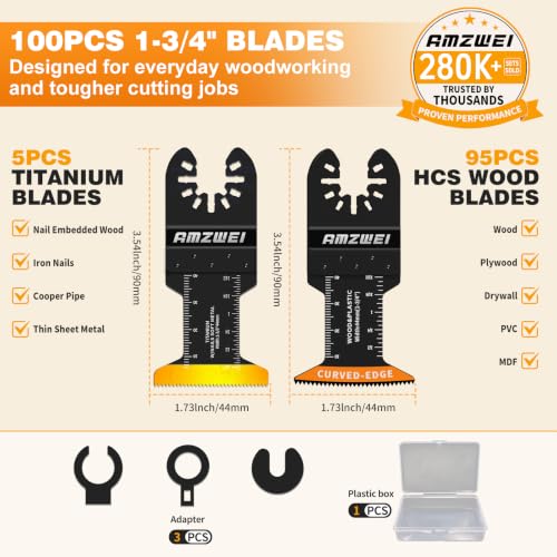 Image of AMZWEI 100PCS Oscillating Tool Blades, Titanium & HCS Oscillating Saw Blades for Metal /Wood /Plastic Cutting, Curved Edge Multi Tool Blades Compatible with Dewalt, Milwaukee, Dremel, Ryobi, Rockwell
