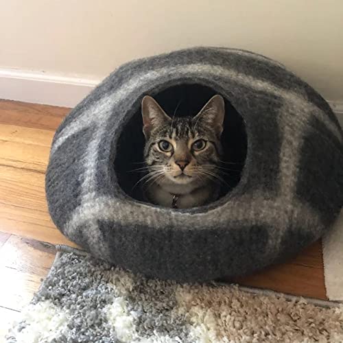 Woolygon - Wool Cat Cave Bed Handcrafted From 100% Merino Wool, Eco-Friendly Felt Cat Cave For Indoor Cats And Kittens (Pebble Striped) #TOP7