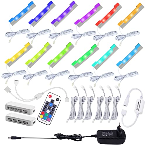 AIBOO Set di 12 illuminazioni LED per superfici in vetro, con clip per bordi in vetro, RGB, cambio colore, illuminazione per vetrine, illuminazione per armadi con telecomando