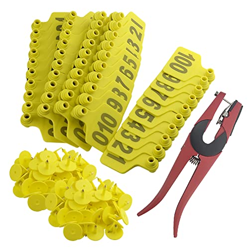 WMYCONGCONG Cattle Ear Tags, Large Plastic Livestock Ear Tags Yellow for Sheep Cattle Calf Hog with Number 001-100 and 1pcs Ear Tag Applicator