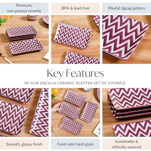 Image of Nestasia Set of 4 Ceramic Serving Platters (7 Inch Each) - Elegant Rectangular Serving Trays with Glossy Finish | Ideal for Sushi, Snacks, Starters & Gifting (Purple & White Zig Zag Pattern)