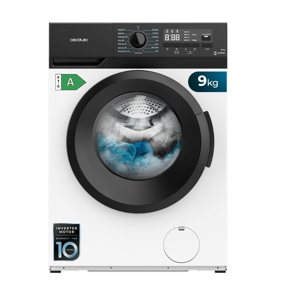 Cecotec Lavadora 9Kg de Carga Frontal Bolero DressCode 9300 Inverter A. 1950W, Revoluciones Programables hasta 1400 rpm, 15 Programas, Bajo Consumo, Motor Inverter Plus, Vapor SteamMax Etiqueta Energética