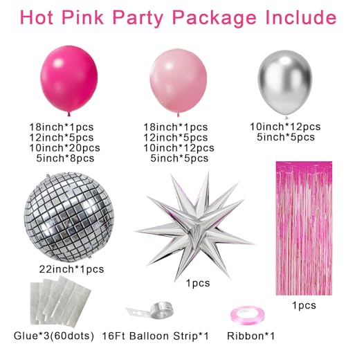Image of Hot Pink Balloon Garland Arch Kit (Pack of 2) | Pink silver Chrome Balloons with Silver Disco Ball Explosion Star Balloon for Women Birthday Party Valentine's Day Bridal Sho