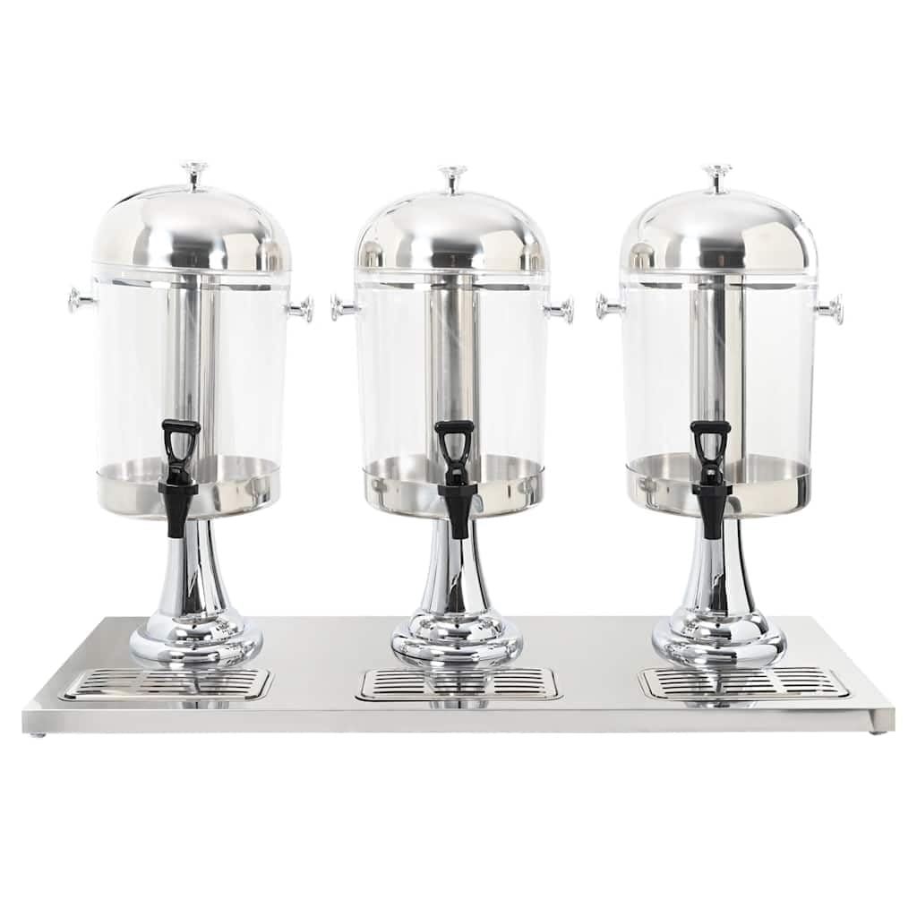Dispensador de jugo 3x8L con grifo, marco de acero inoxidable y recipientes de plástico transparente, ideal para servir bebidas refrigeradas en buffets y barbacoas,