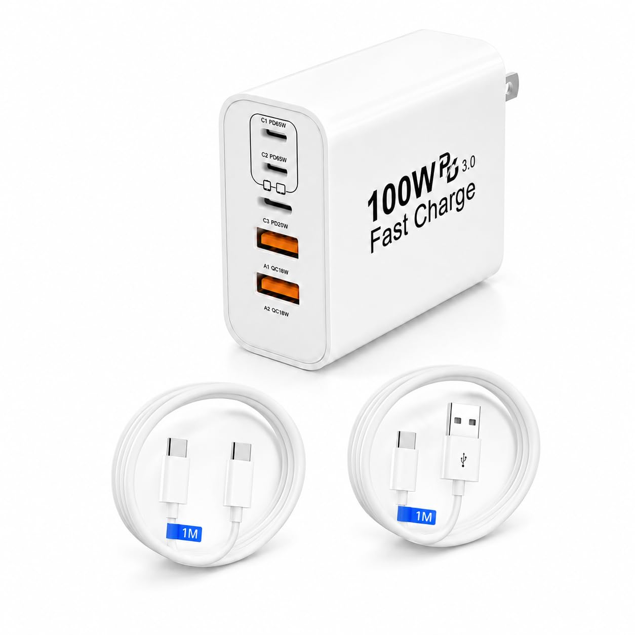 タイプc 充電器 ノートPC ノートパソコン用充電器 USB Type-C 合計 PD100W 急速充電器ラップトップ GaNIII技術対応 USB-A & Type-C コンセント式電源アダプター 搭載 MacBook//Surface/iPad/PC/iPhone 17air/pro max/SE Android/タブレット/ノートパソコン用 (white, 1m1m)