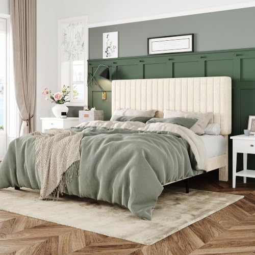 Image of Allewie Full Bed Frame, Upholstered Platform Bed with Adjustable Vertical Channel Tufted Headboard, Mattress Foundation with Strong Wooden Slats, Box Spring Optional, Easy Assembly, Chenille White