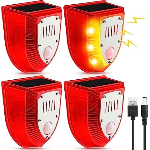 Qualirey 4 Pcs Solar Alarm Motion Detector with Sound Outdoor Motion Sensor 129dB Barking Dog Strobe Light Gunshot Sound Alarm Motion Detector Noise Maker Warning Lamp for Home Villa Yard Farm Cover