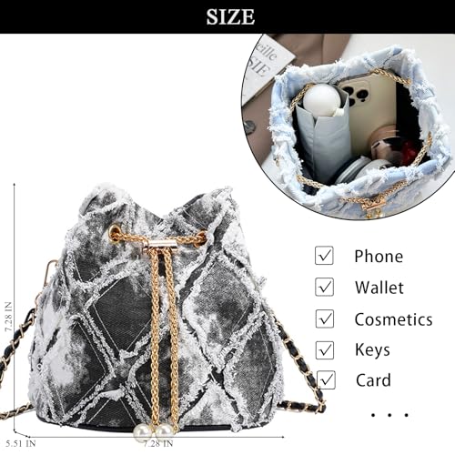 Image of Denim Bucket Bag Quilted Drawstring Jean Purses for Women Denim Clutch Hobo Bags Crossbody Handbag