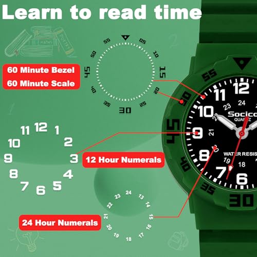 SOCICO Children Analog Watch for Boys Girls Waterproof Time Teaching Watch with Soft Band, Learning Time Wrist Watch Easy to Read Christmas Gifts for Kids Ages 3-12 Great Gifts4