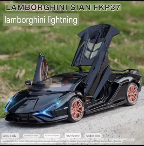 Image of Advisian store 1:24 Lamborghini Sian Die-cast Metal Toy Model Car Pull Back car Super car with Openable Doors with Sound and Light for Gifts Toys for Kids (1:24 Lamborghini Sian - Black)