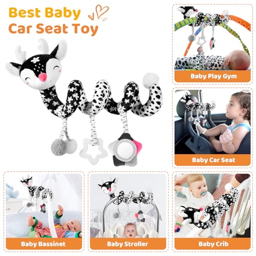 Image of Car Seat Toys for Babies 0-6 Months Boy&Girl, Carseat Toys Hanging Black and White High Contrast Toy for Baby 0-3 Months, Spiral Activity Plush Toys Stroller Toys for 0 3 6 9 12 Months Baby Ideal Gift