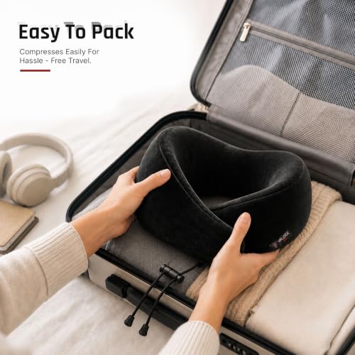 Image of Premium Memory Foam Neck Pillow by ValorX USA for Travelling 360 Neck Support with Adjustable Velcro Straps & Ultra-Soft Velvet Cover, Black