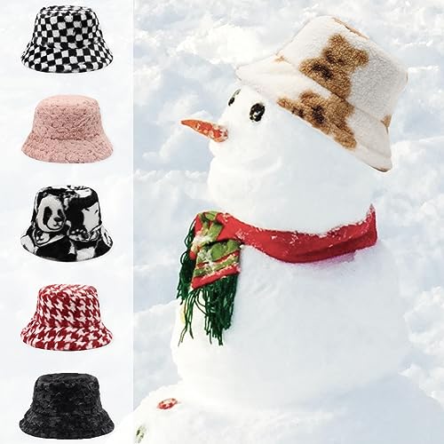Image of Bucket Hat Women Furry Fuzzy Bucket Hats for Ladies, Winter Warm Fluffy Plush Faux Fur Hat for Women