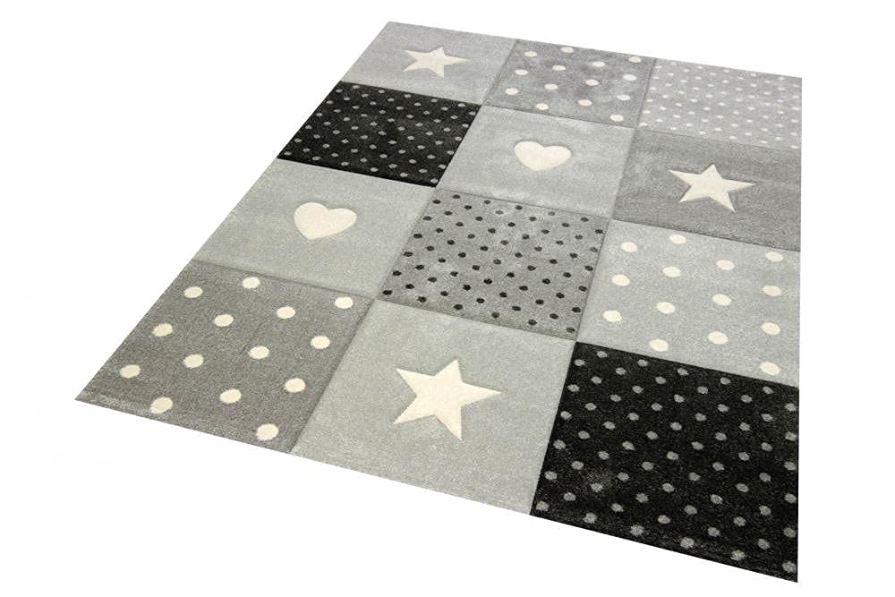 CARPETIA Kinderteppich Kinderzimmer Teppich Punkte Herz Stern Design Creme schwarz grau Größe 80x150 cm
