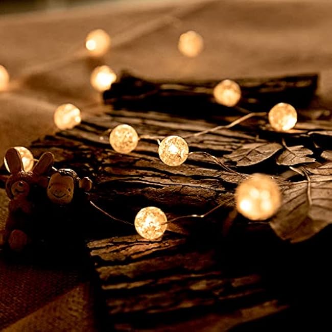 Globe String Lights for Bedroom, Decorative Christmas Lights, Crystal Crackle Ball Lights 10Ft 30 LED Soft White Battery Operated Fairy Lights Perfect for Valentine's Day Decor