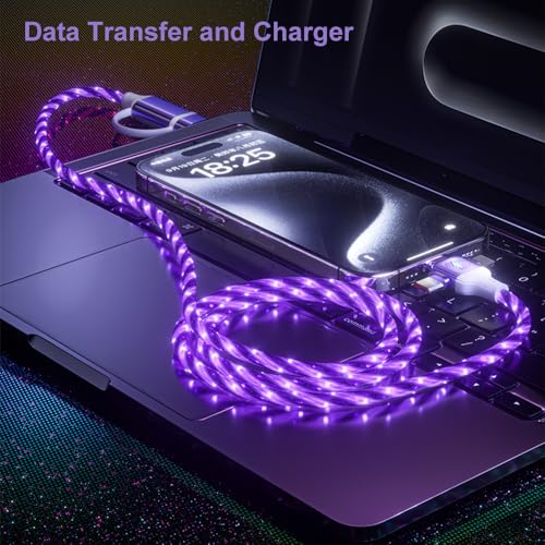 Image of IHAO Multi Ports Starry Light-Up USB Cable USBC MicroUSB Connectors Durable Fast Charging Cables Visible Current Flow for Almost All Device-6in1 Star Purple