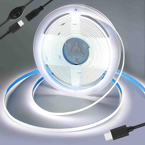 Image of USB Type-C Powered 1M /3.28Ft 5V COB LED Strip Light with Dimmer of Memory Function,Pure White 6000K,640LEDs,Flexible Tape Light for TV Monitor Backlight,Mirror,Cabinet,Wardrobe,Cupboard DIY Lighting